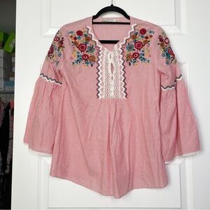 ZARA Striped Embroidered Bell Sleeve Blouse Crochet Detail Women’s Size Medium